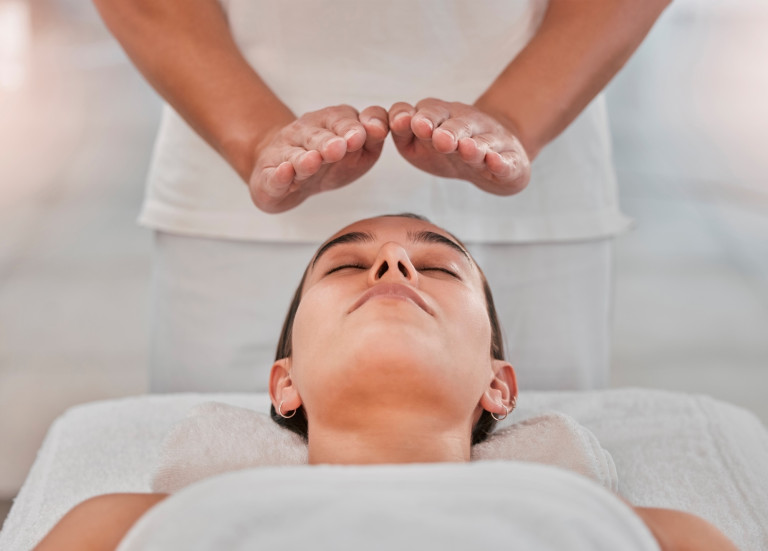 Relax,,Health,And,Reiki,With,Woman,On,Spa,Table,For